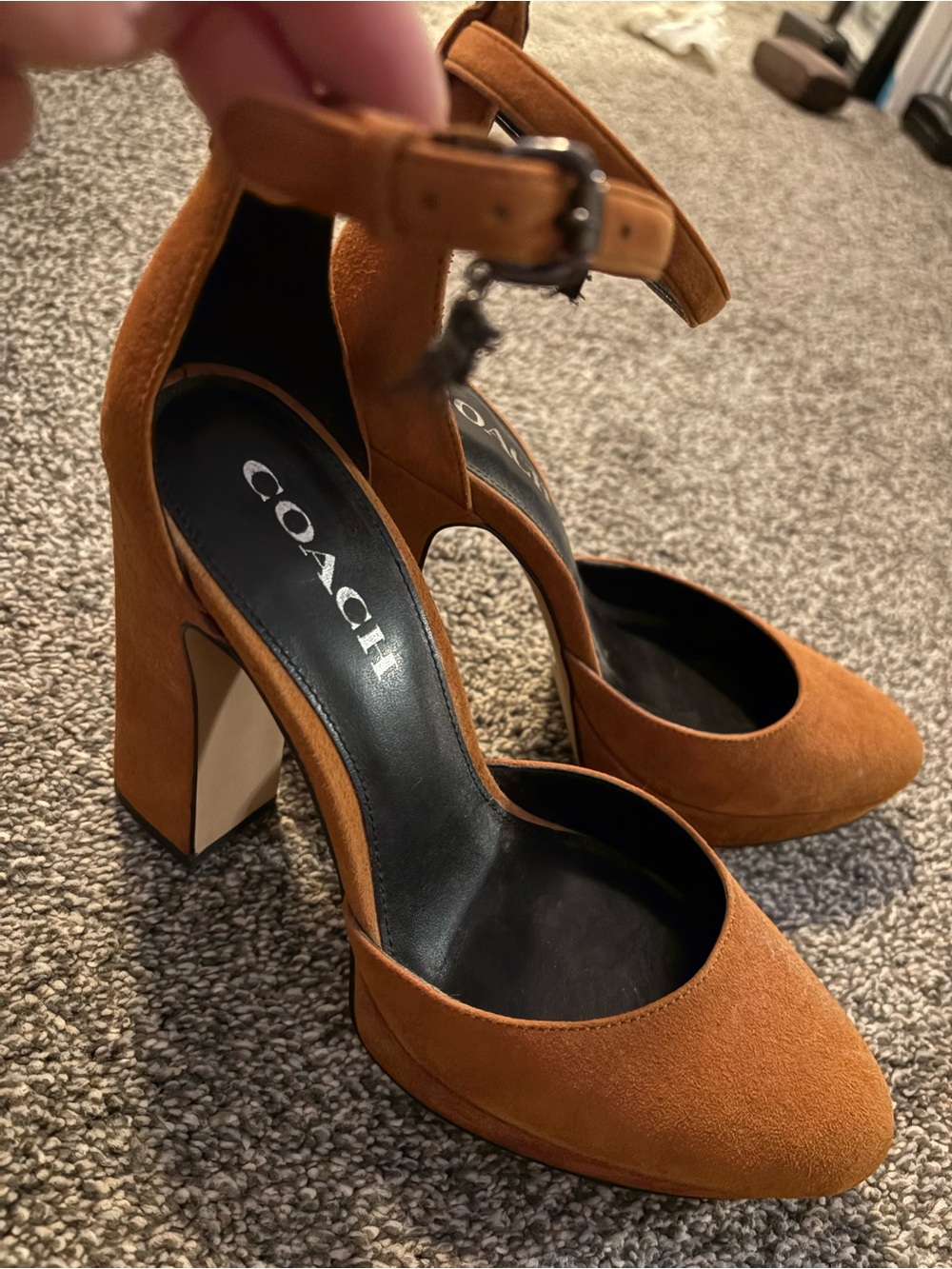 Coach Tan Suede Block Heel Pumps with Ankle Strap